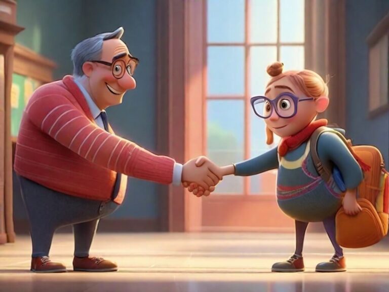 Kennari og barn heilsast